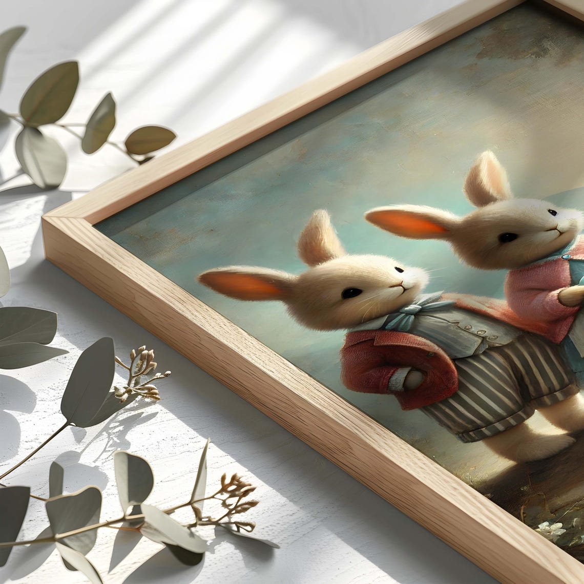Vintage Easter Bunny Art Print Cute Rabbit Couple Painting Pastel Spring Wall Decor Rustic Woodland Nursery Wall Art Ew19 - Image 2