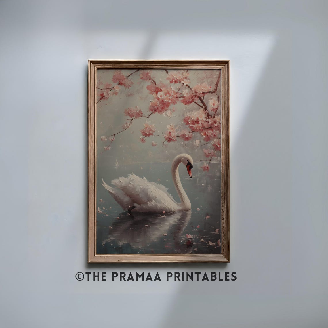 White Swan on Still Water Under Cherry Blossoms Serene Painting Poster