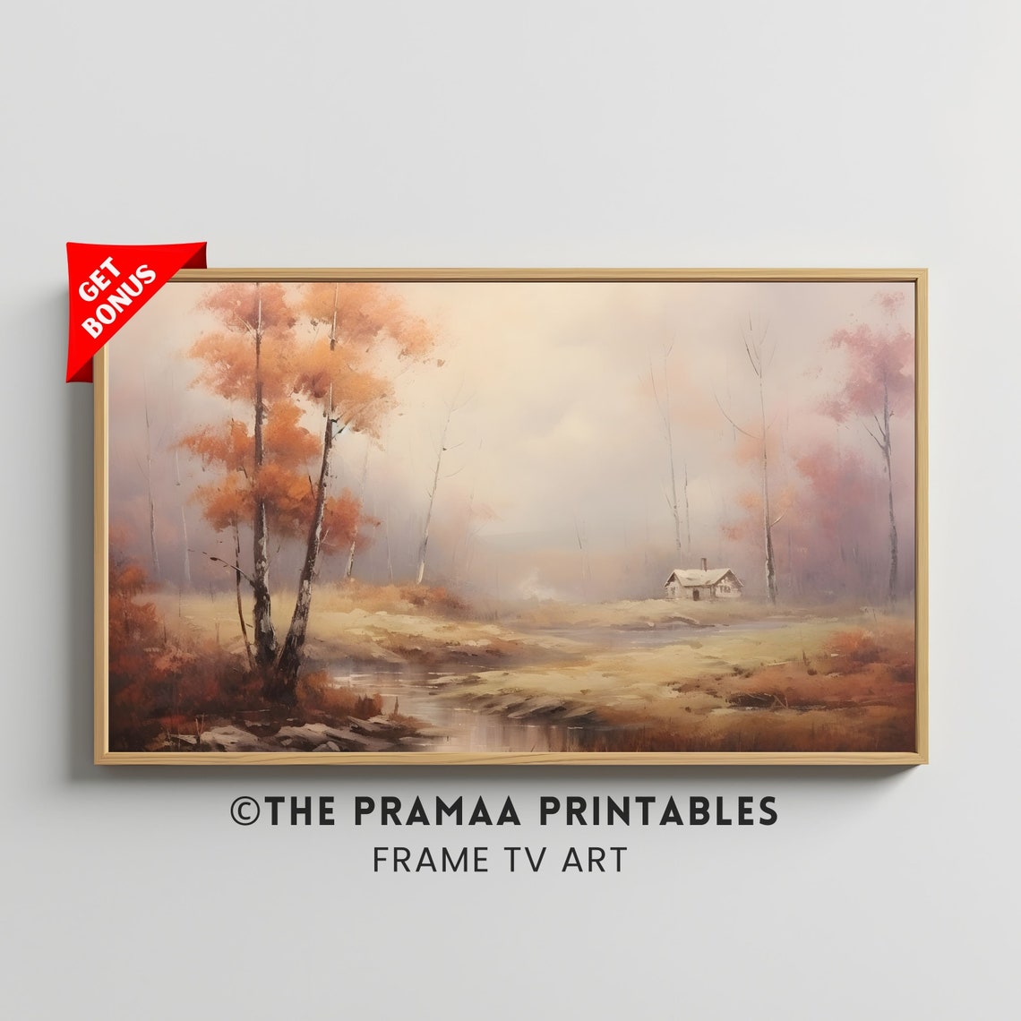 Autumn Cabin by a Stream with Birch Trees Misty Fall Painting Poster