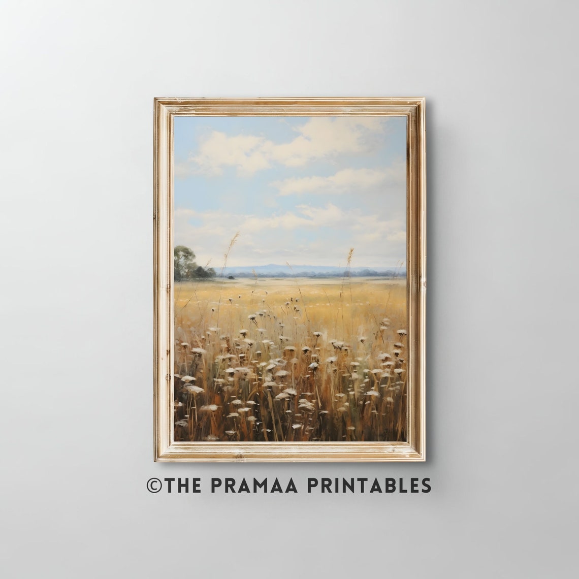 Golden Wheat Field Wildflowers Sunset Impressionist Painting Wall Art