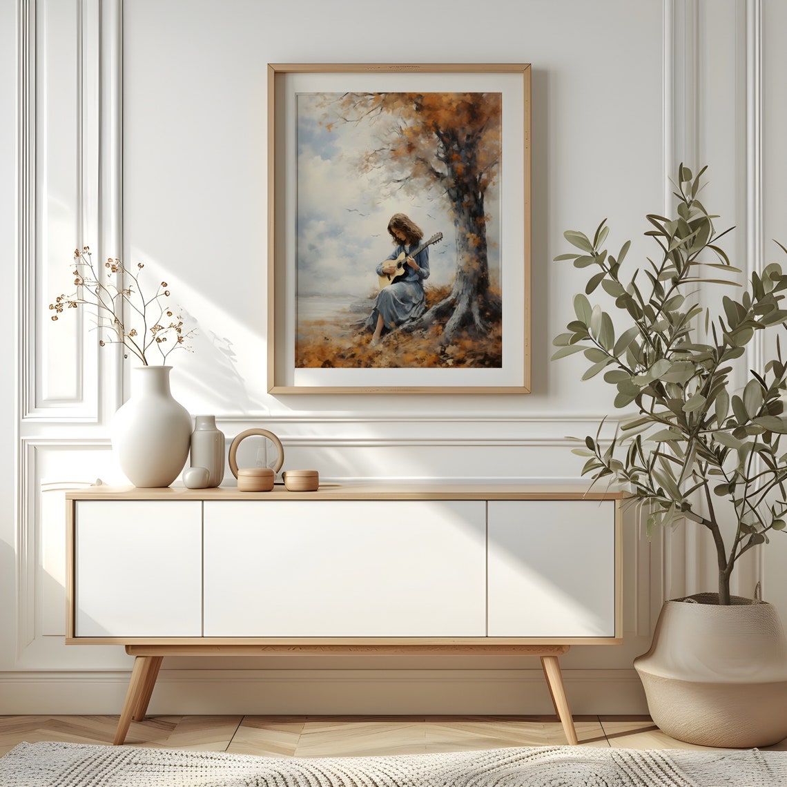 Girl Playing Guitar Under an Autumn Tree by the Lake Painting Poster - Image 3