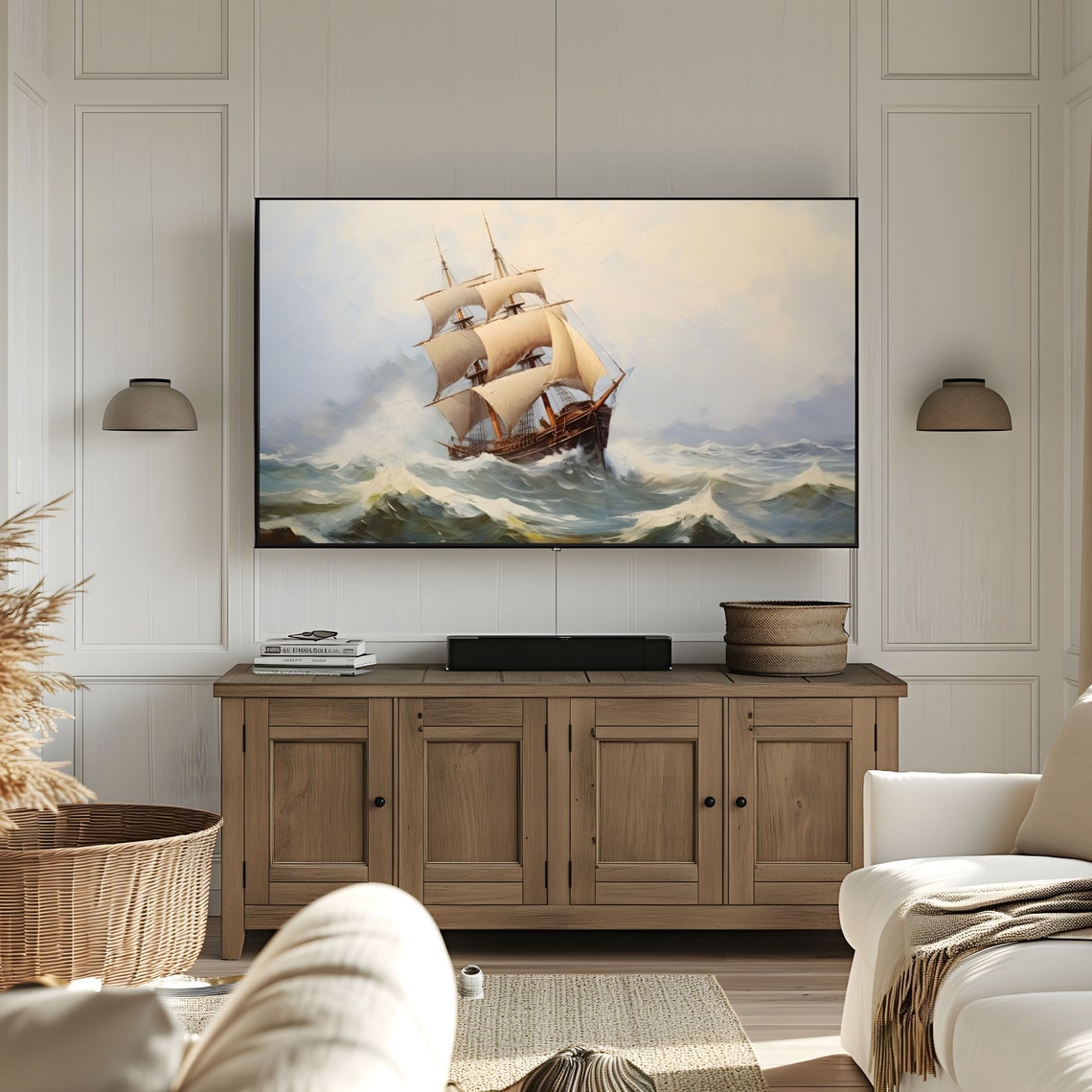 Sailboat Frame Tv Art Antique Summer Nautical Seascape Oil Painting Vintage Landscape Sea Ocean Art Tv Art - Image 3