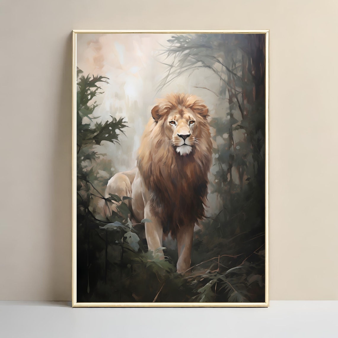 Majestic Lion in Misty Forest Vintage Wildlife Portrait Poster - Image 3