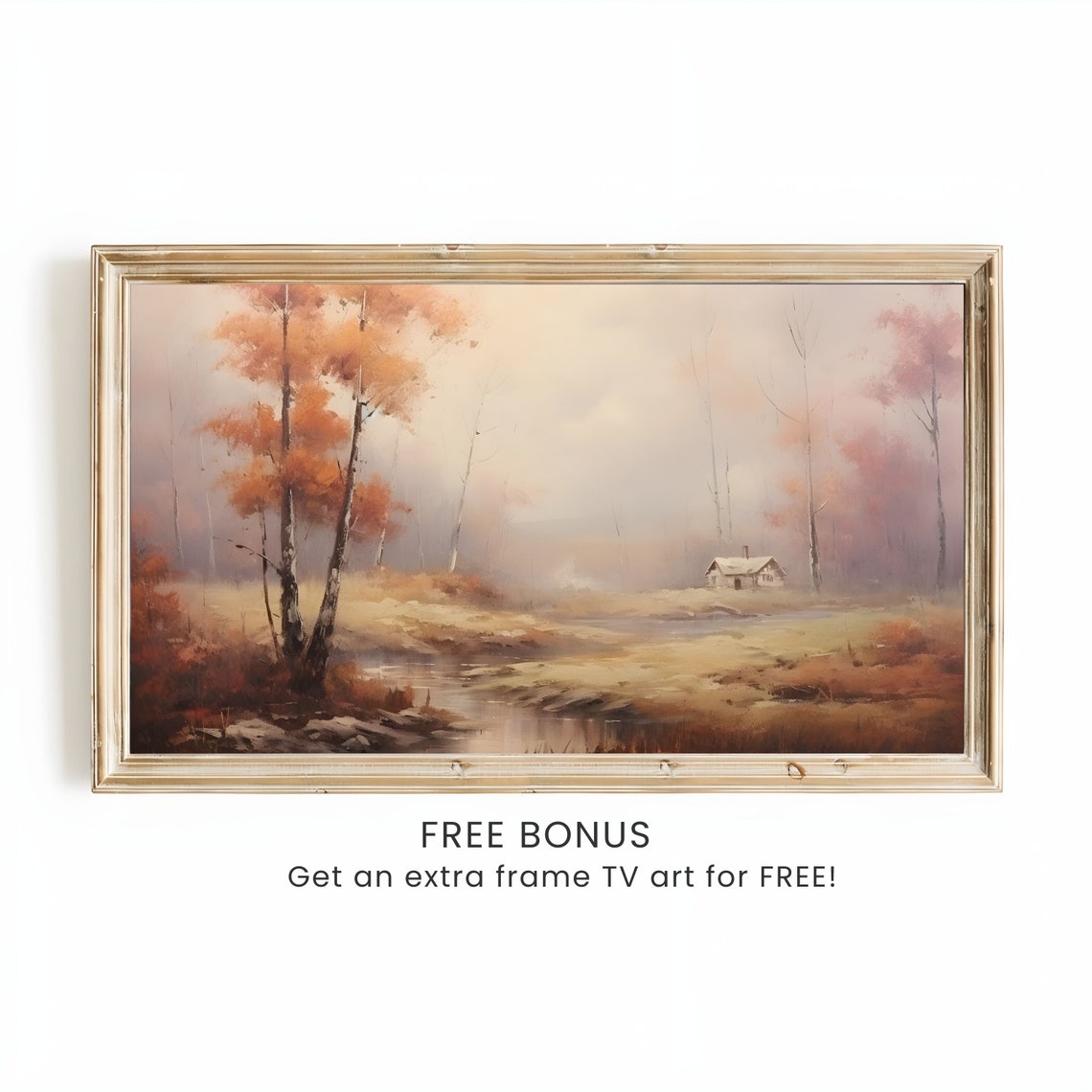 Autumn Cabin by a Stream with Birch Trees Misty Fall Painting Poster - Image 2