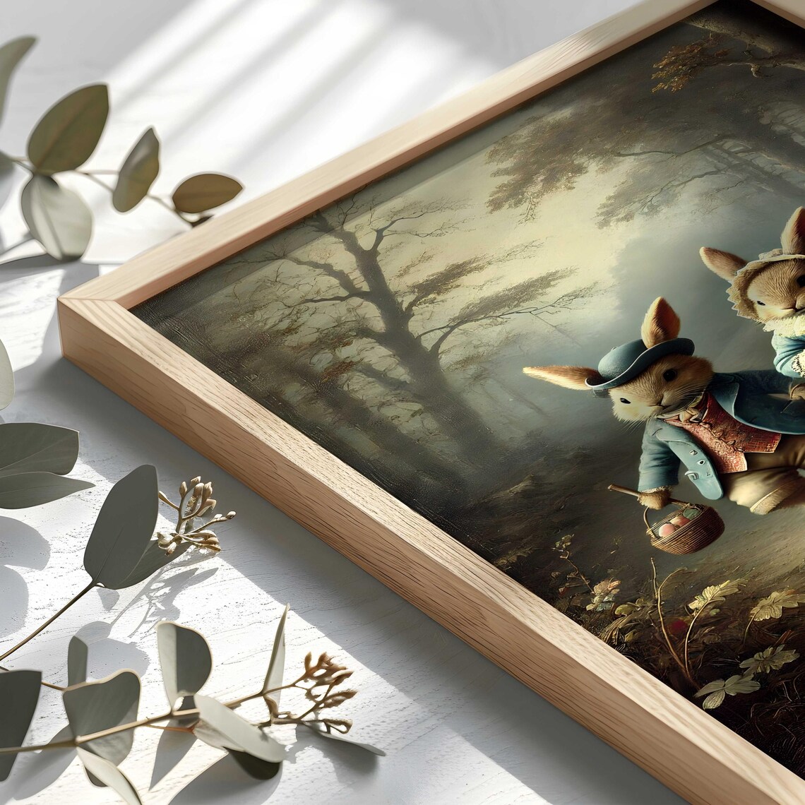 Two Bunnies in Blue Coats Misty Forest Easter Eggs Vintage Poster - Image 2