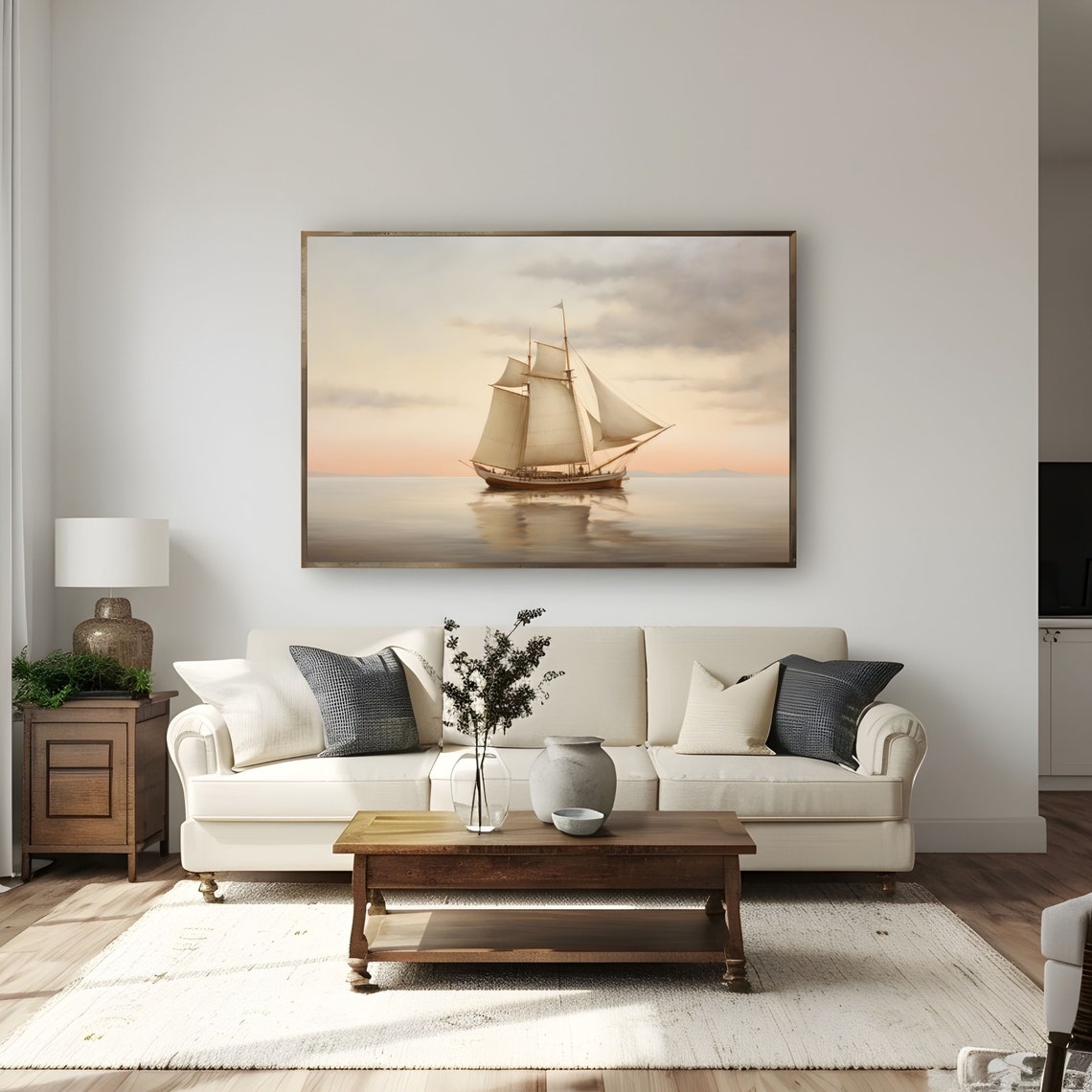 Antique Sailboat Painting Neutral Seascape Print Nautical Lake House Vintage Landscape Wall Art Poster Farmhouse Decor - Image 3