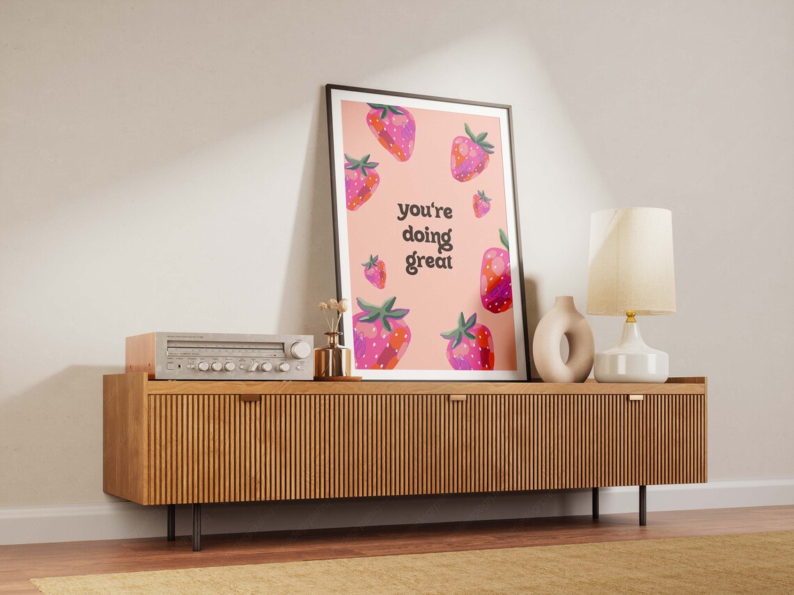 You Are Doing Great Pink Strawberry Motivational Quote Wall Poster - Image 2