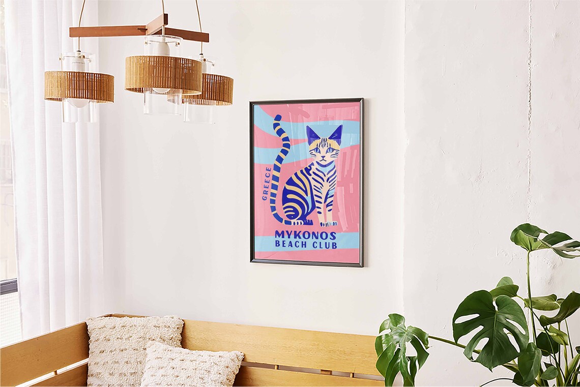 Mykonos Beach Club Greece Cat Colorful Retro Travel Wall Art - Image 5