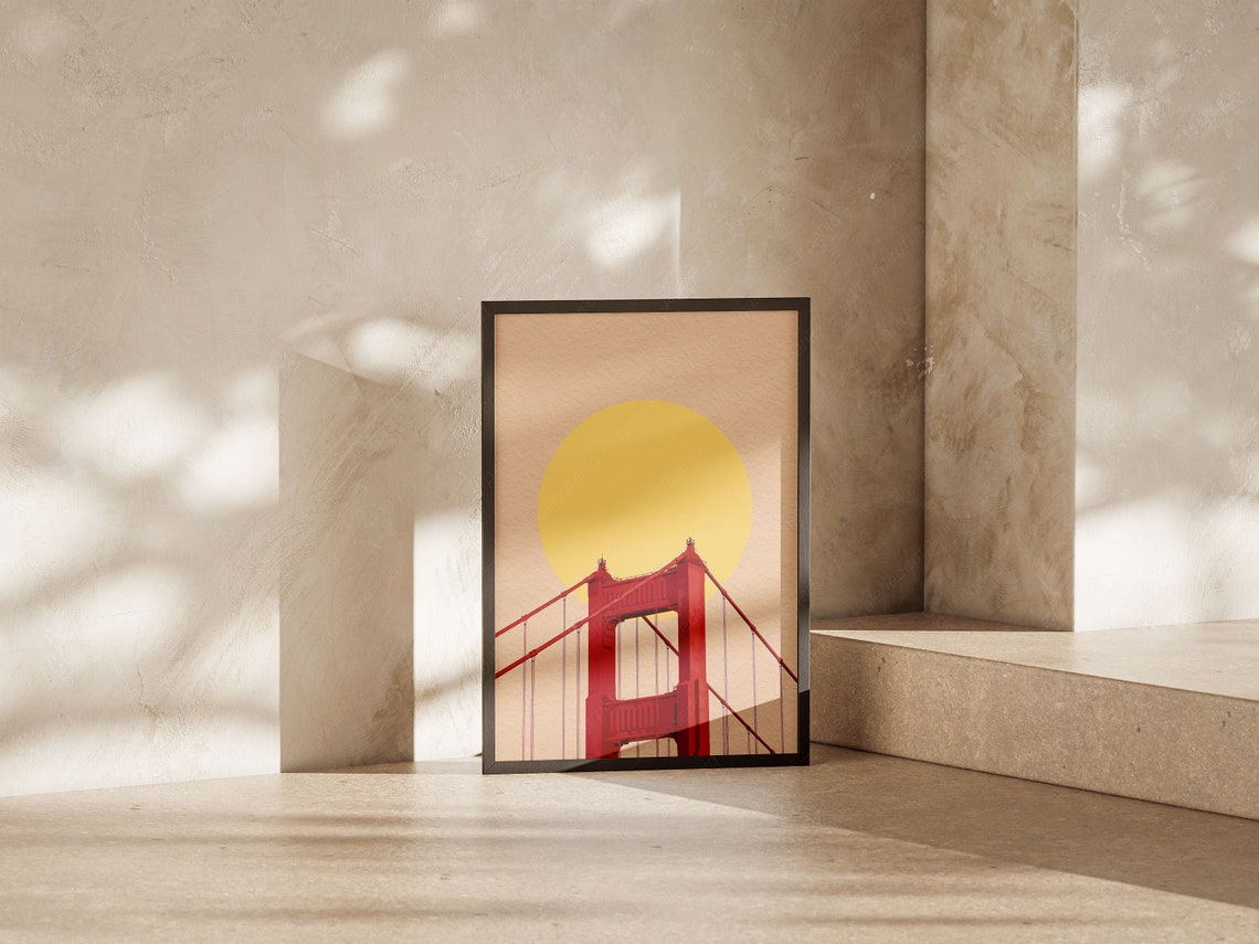 Golden Gate Bridge Red Tower Yellow Sun Minimalist California Poster - Image 4