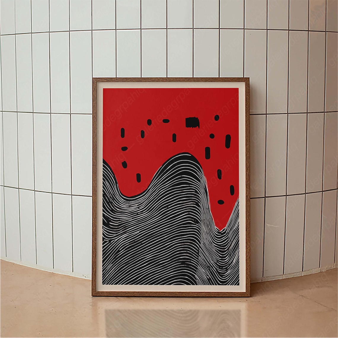 Black Dashes On Red Bold Abstract Wavy Stripes Mid Century Poster