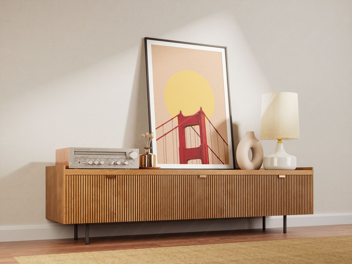 Golden Gate Bridge Red Tower Yellow Sun Minimalist California Poster - Image 2