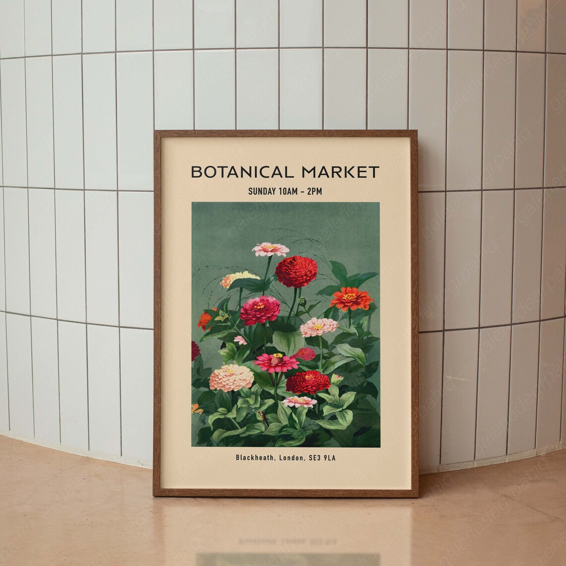 Botanical Market London Zinnia Flowers Vintage Style Floral Poster