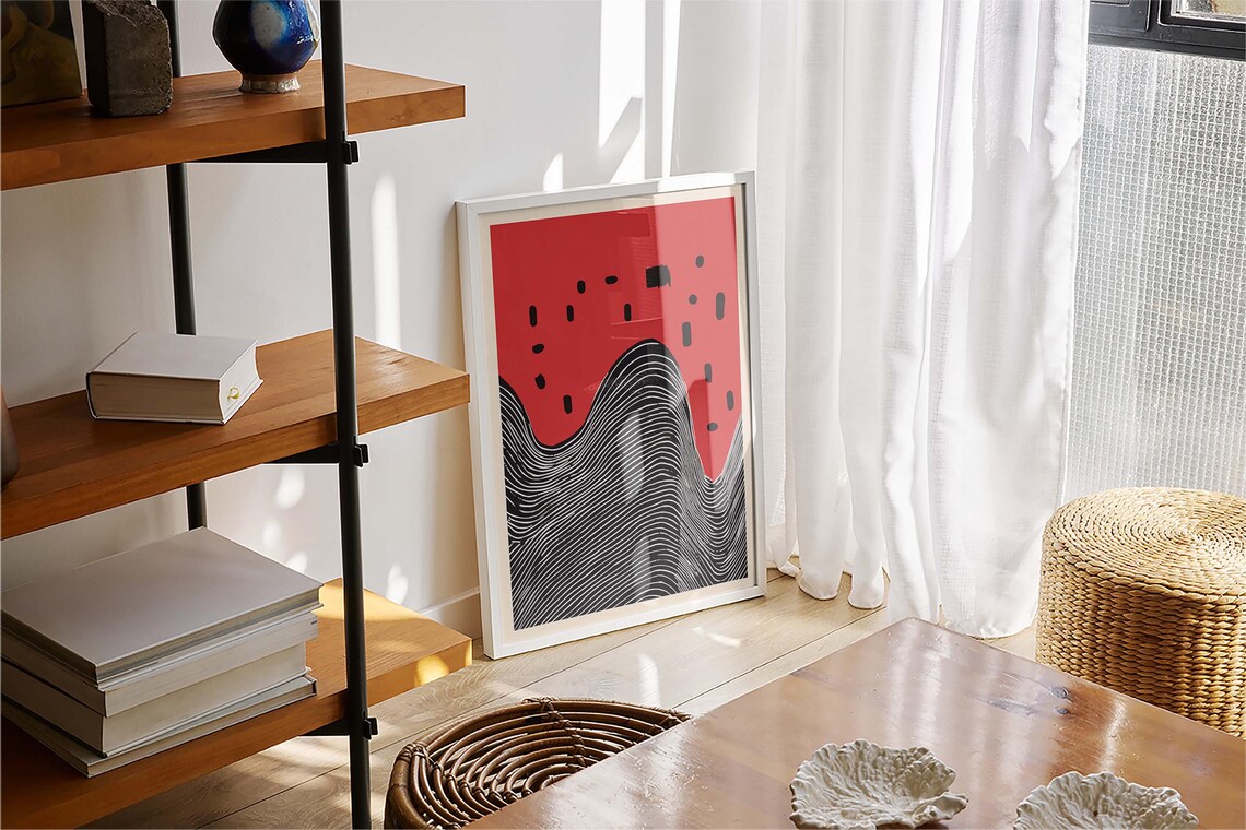 Black Dashes On Red Bold Abstract Wavy Stripes Mid Century Poster - Image 4