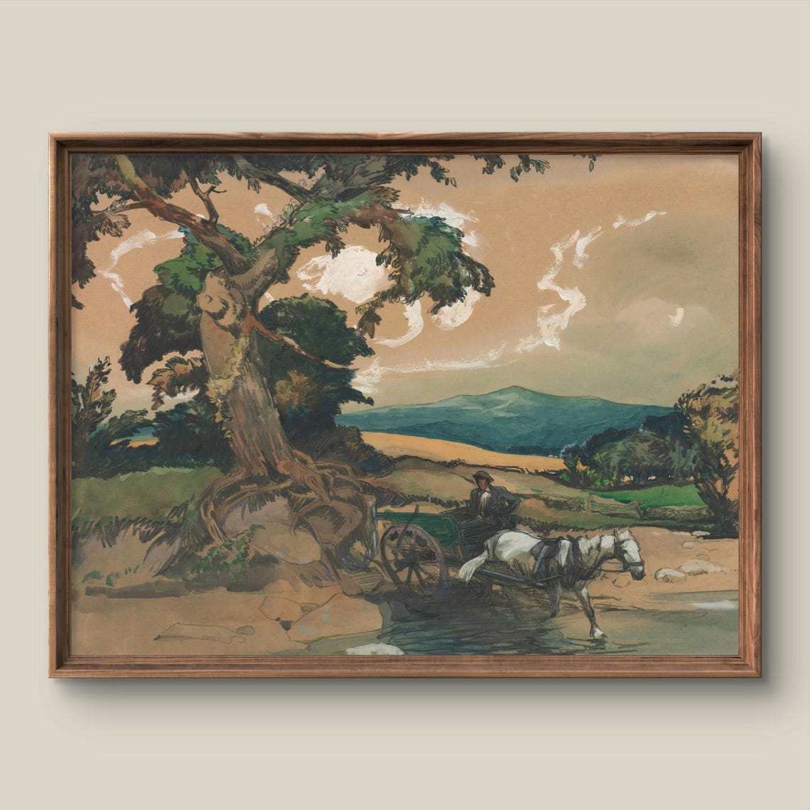 Horse Cart River Crossing Antique Watercolor Landscape Print