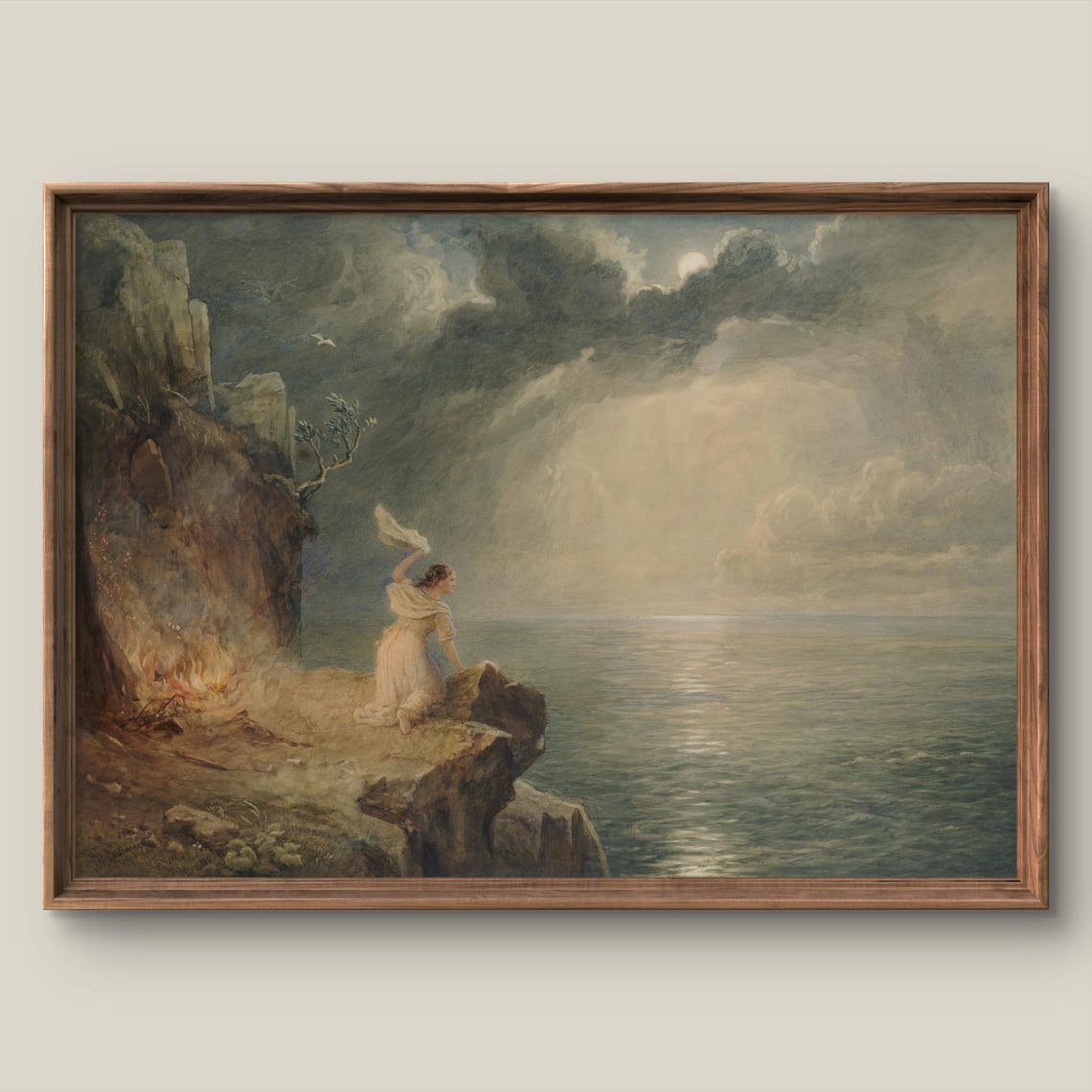 Romantic Moonlit Seascape Woman On Rocky Cliff Vintage Poster