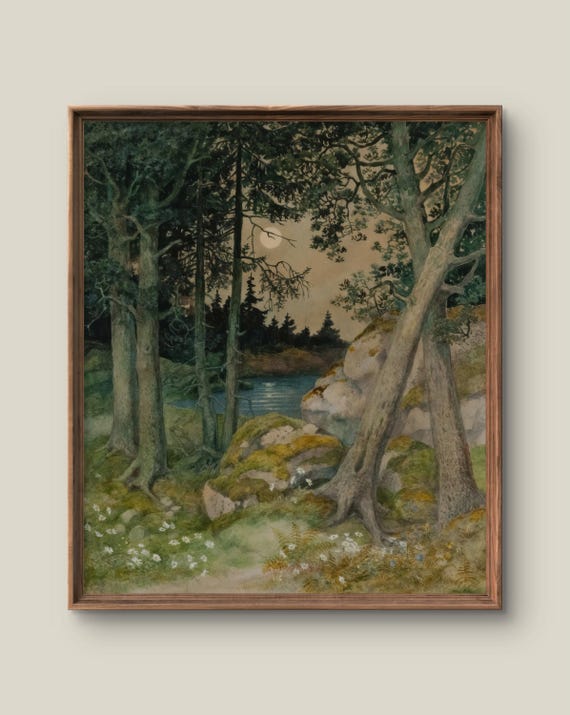 Vintage Forest Landscape Art Print Rustic Wall Decor Antique Painting Moonlight Instant