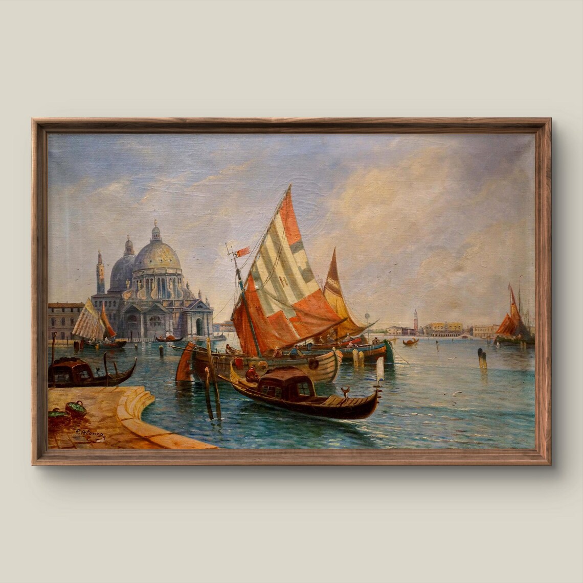Venice Lagoon Sailboats Domed Church Vintage Italian Art Poster