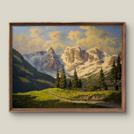 Vintage Summer Landscape Art Print Rustic Wall Decor Antique Painting Mountain Instant