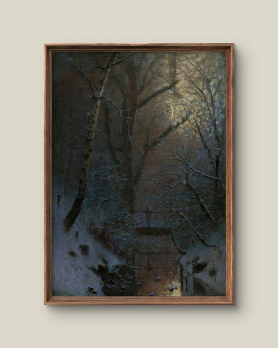 Vintage Winter Landscape Art Print Retro Wall Decor Antique Painting Night Forest Instant
