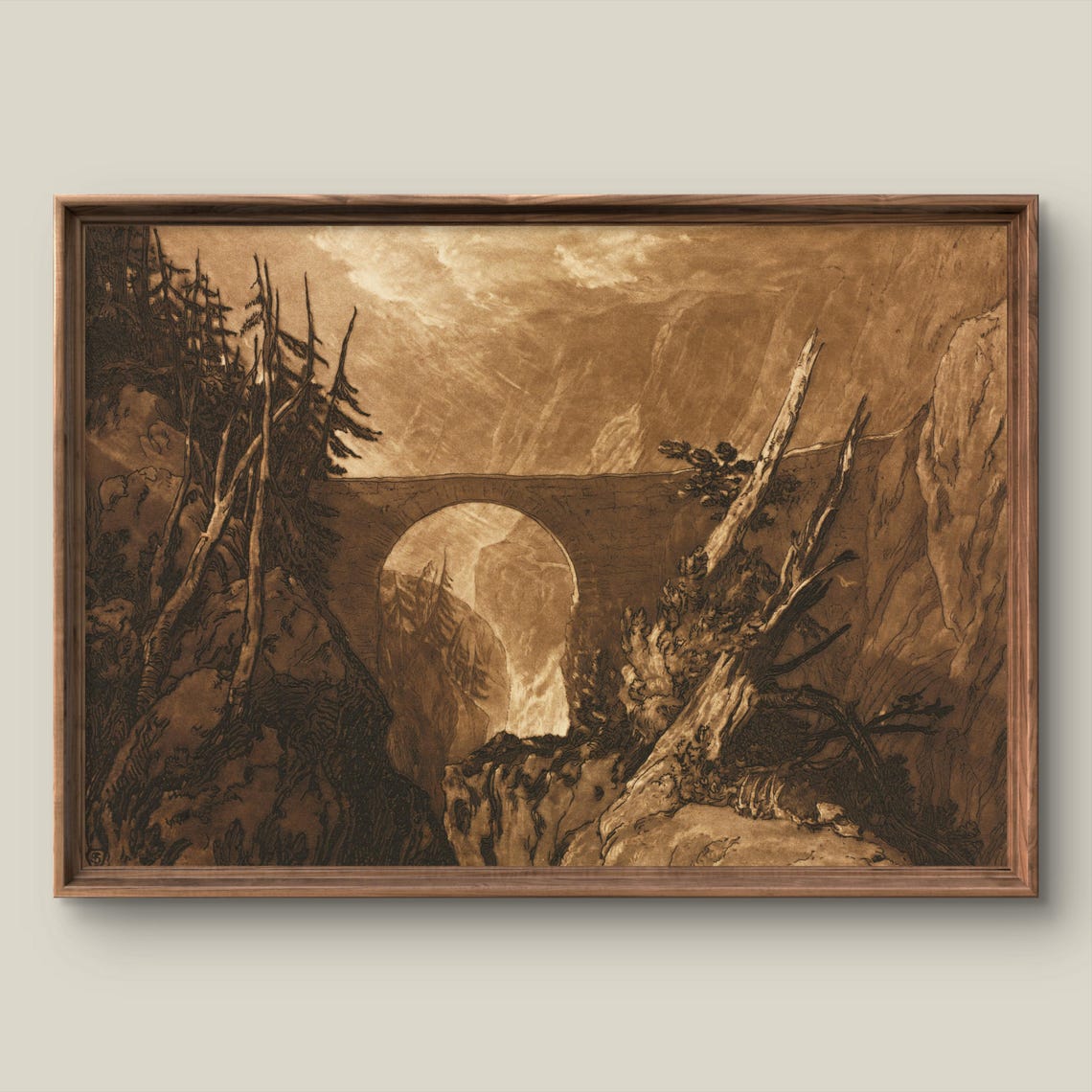 Stone Arch Bridge Spanning a Mountain Gorge Sepia Engraving Print