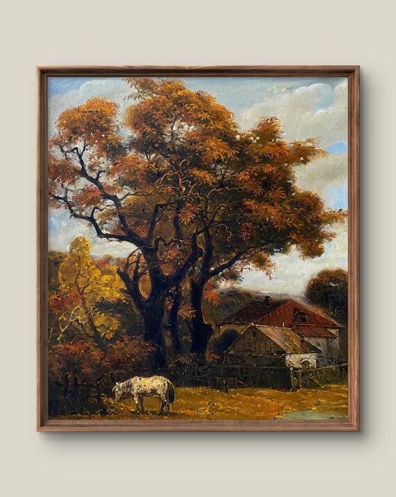 Autumn Tree Horse Grazing Cottage Vintage Oil Painting Landscape Print