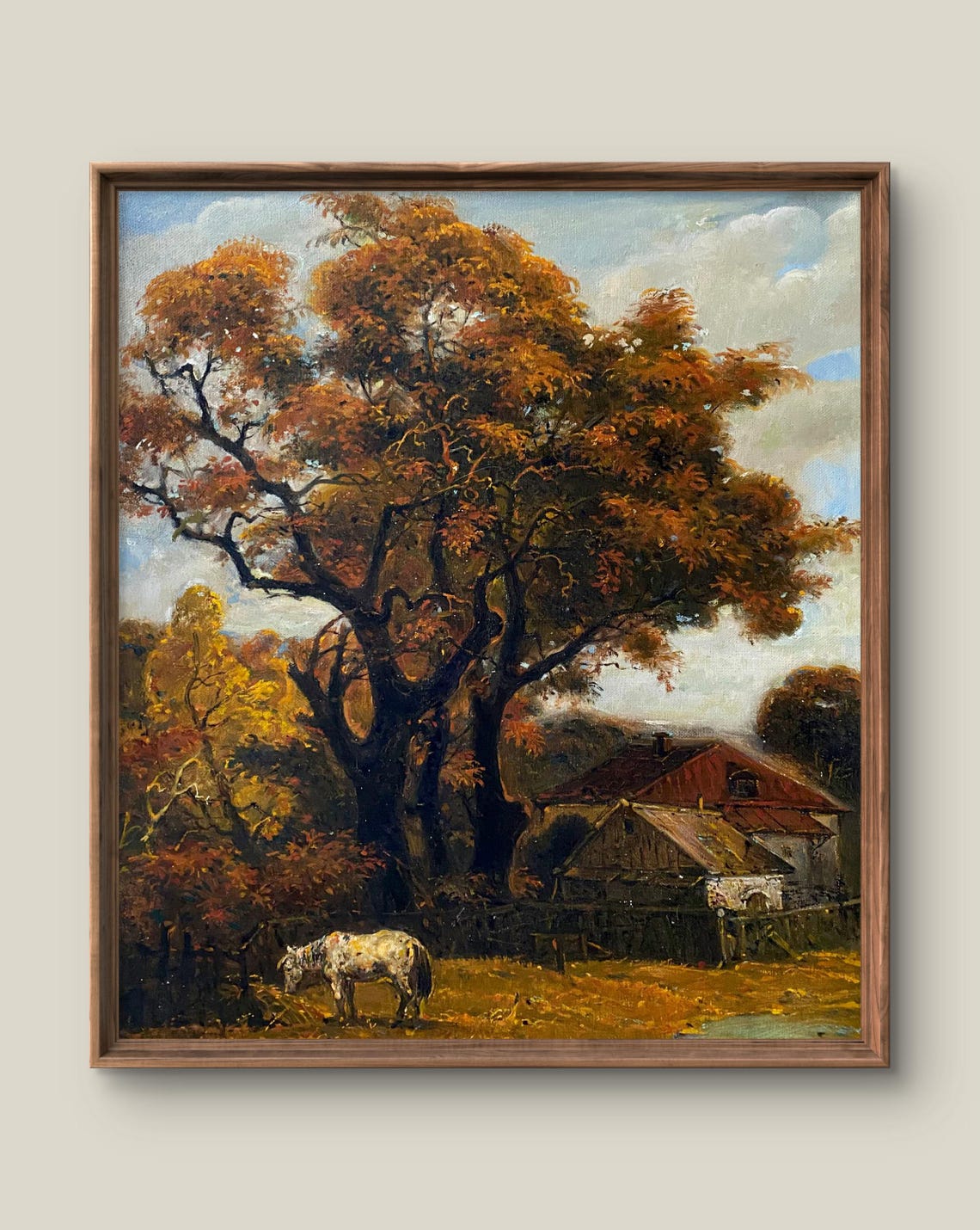 Autumn Tree Horse Grazing Cottage Vintage Oil Painting Landscape Print