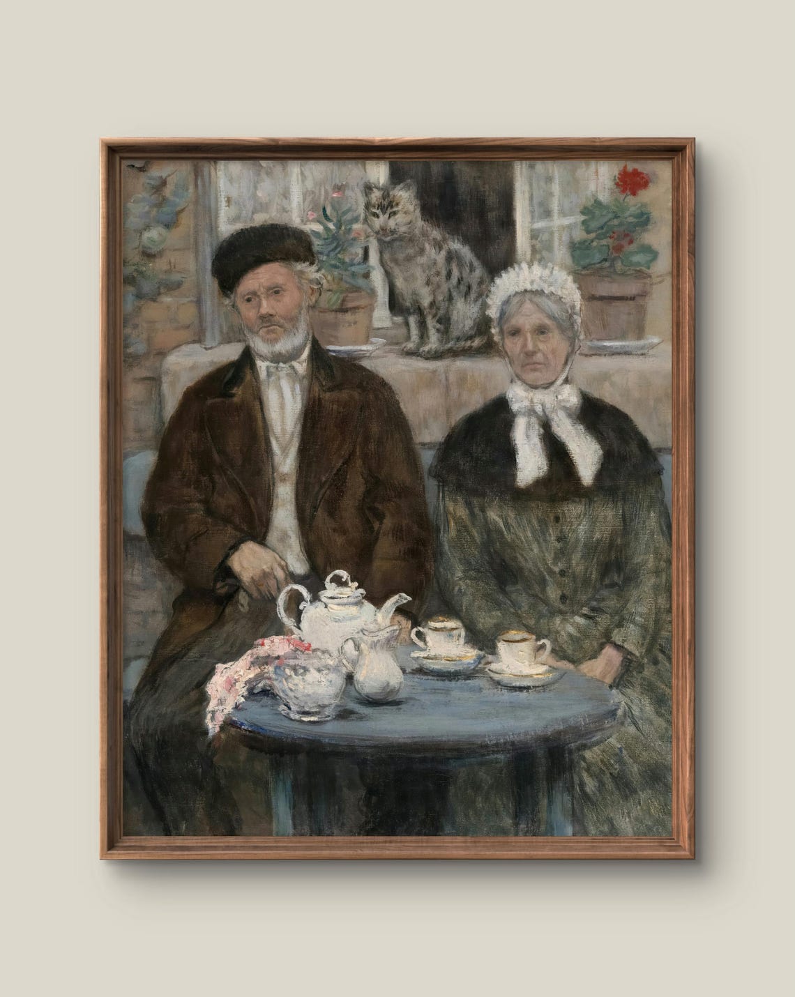 Vintage Elderly Couple Tea Time Painting with Cat Rustic Art Poster
