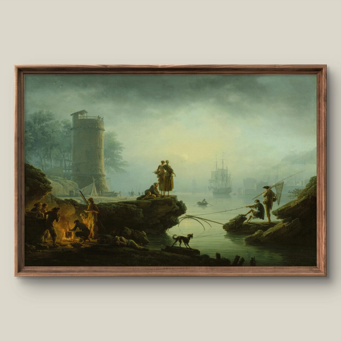 Moonlit Coastal Fishermen Antique Romantic Seascape Painting Poster