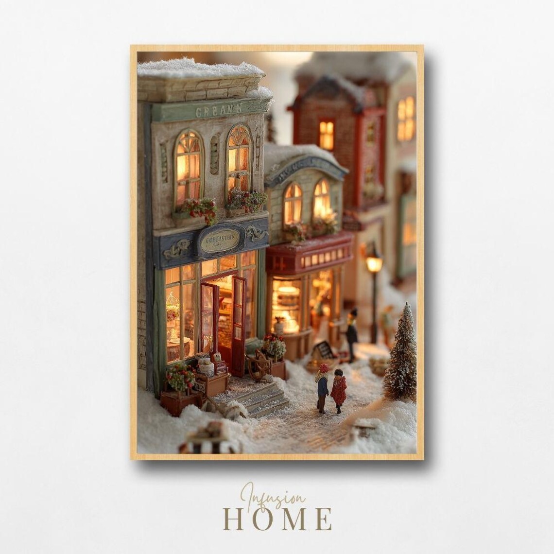 Snowy Miniature Village Bookshop Street Winter Night Scene Print