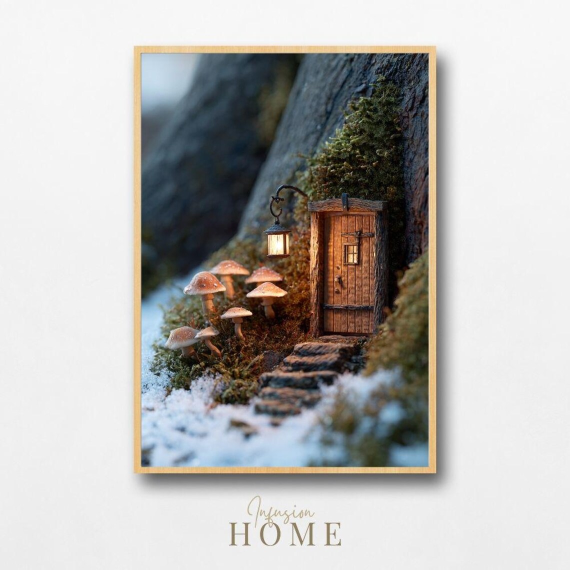 Fairy Door in Snowy Tree Lantern Mushrooms Miniature Winter Poster