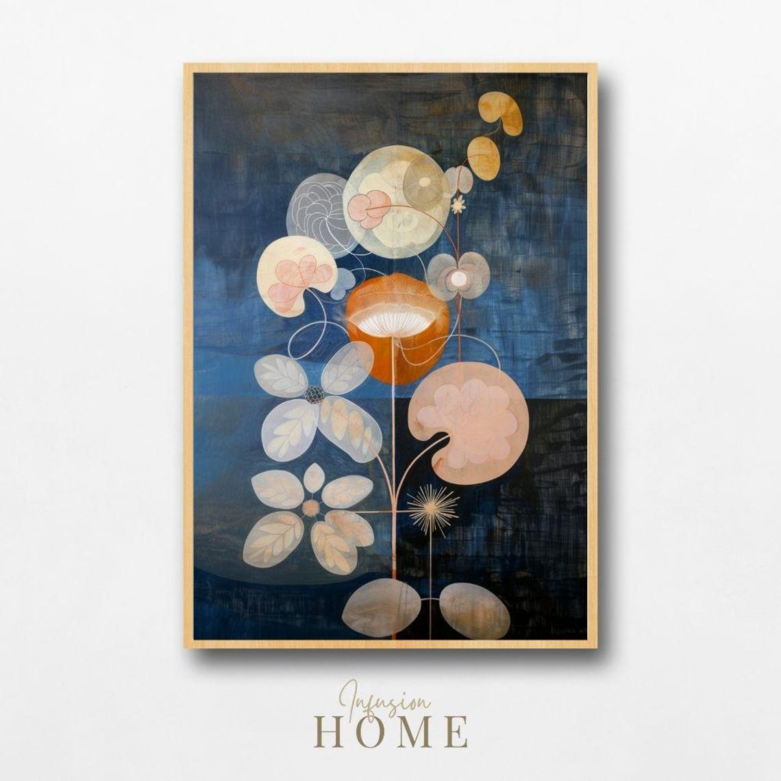 Scandi Floral Twilight Navy Botanical Abstract Decor Art Poster