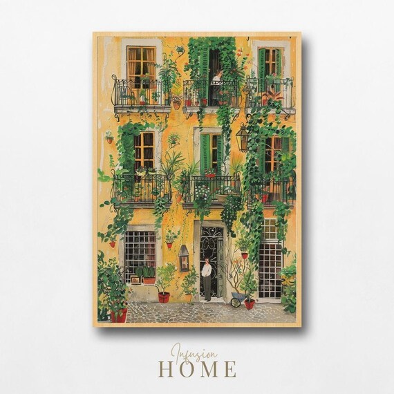 Mediterranean Courtyard Golden Balconies Ivy Painting Style Poster