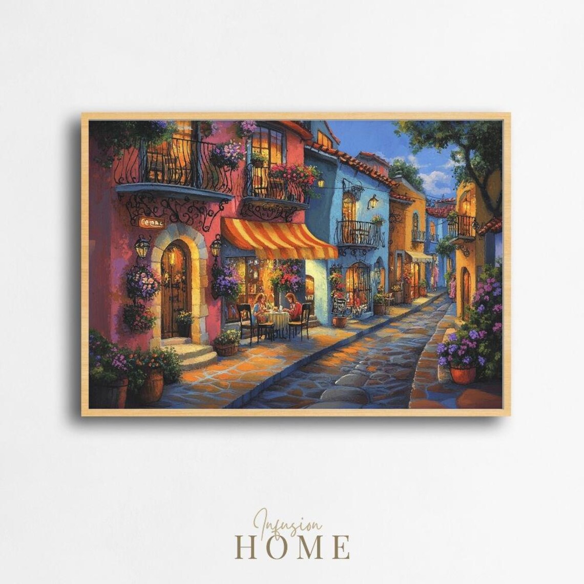European Cafe Street Scene Painting Cozy Impressionist Art Poster