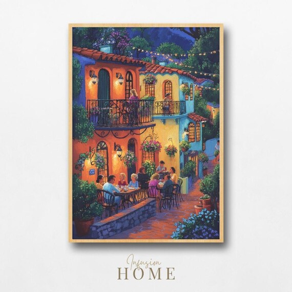 European Cafe Terrace Evening String Lights Dinner Scene Poster