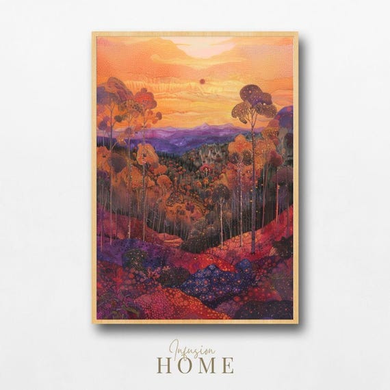 Autumn Sunset Forest Vibrant Colorful Landscape Fall Art Poster