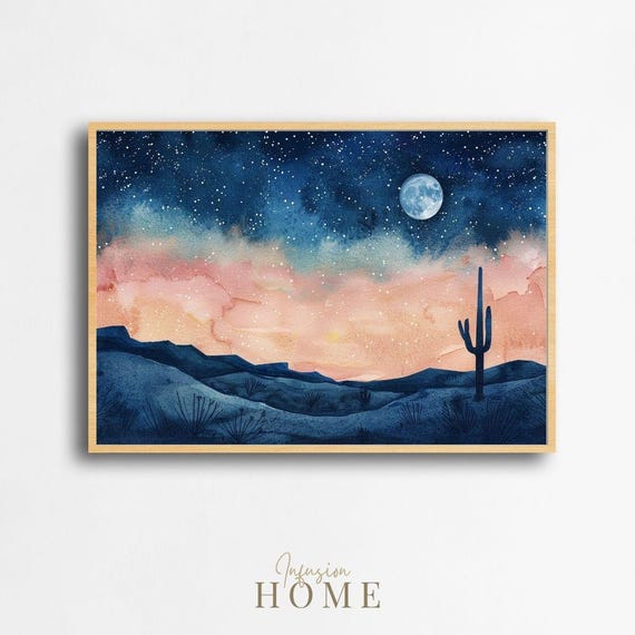 Desert Night Sky Print Full Moon Cactus Landscape