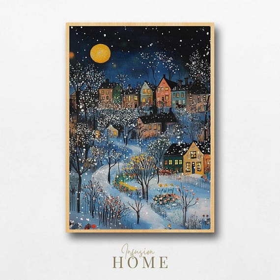 Winter Village Under Moon Print Snowy Scene Illustration