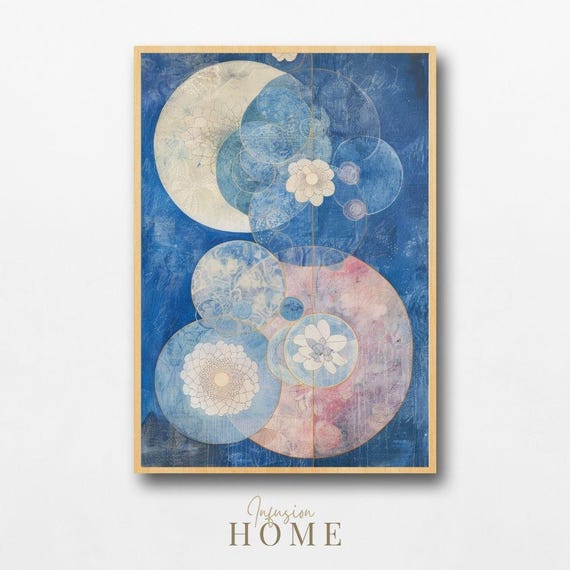Blue Ethereal Abstract Floral Circles Modern Botanical Art Poster