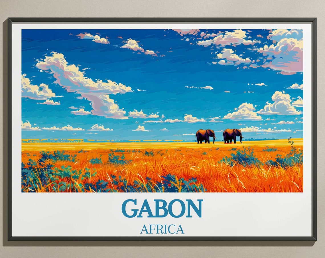 Gabon Africa Elephants Crossing Golden Savanna Grass Land Poster