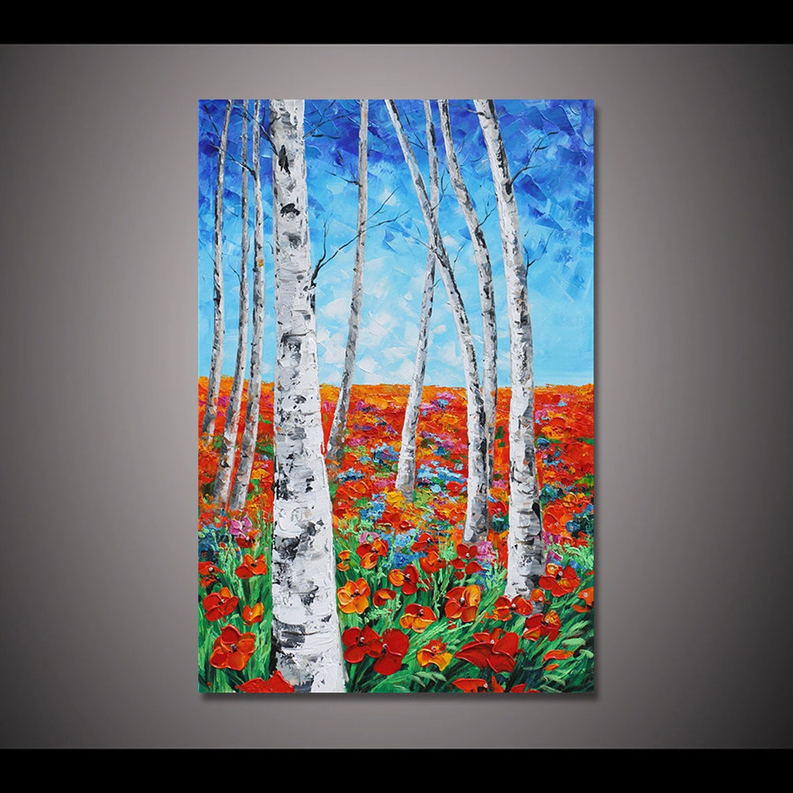 White Birch Trees Over Red Poppy Field Under Blue Sky Poster