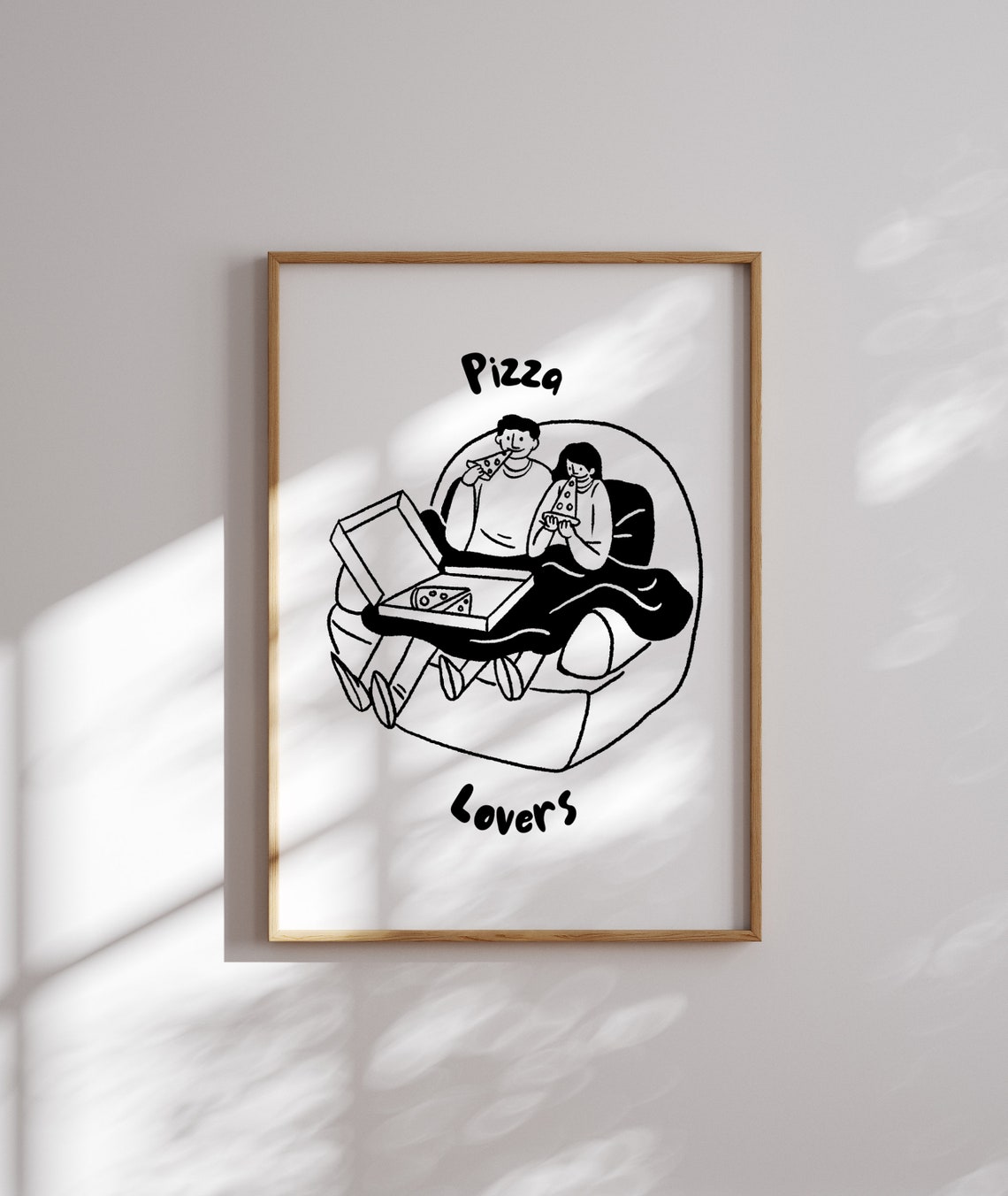 Pizza Lovers Cute Couple Couch Doodle Black White Food Poster - Image 7