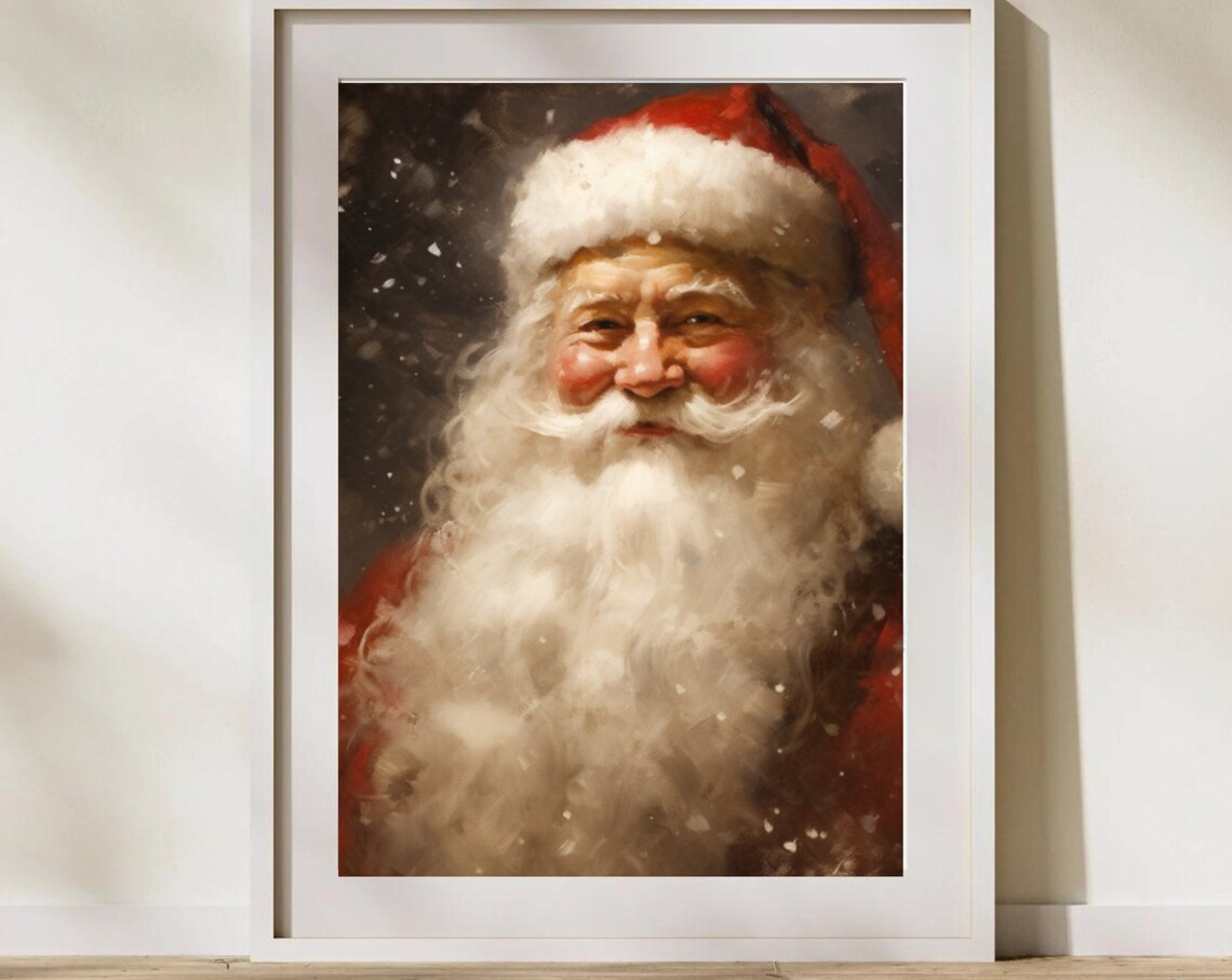 Santa Claus Portrait Falling Snow Winter Night Painting Poster