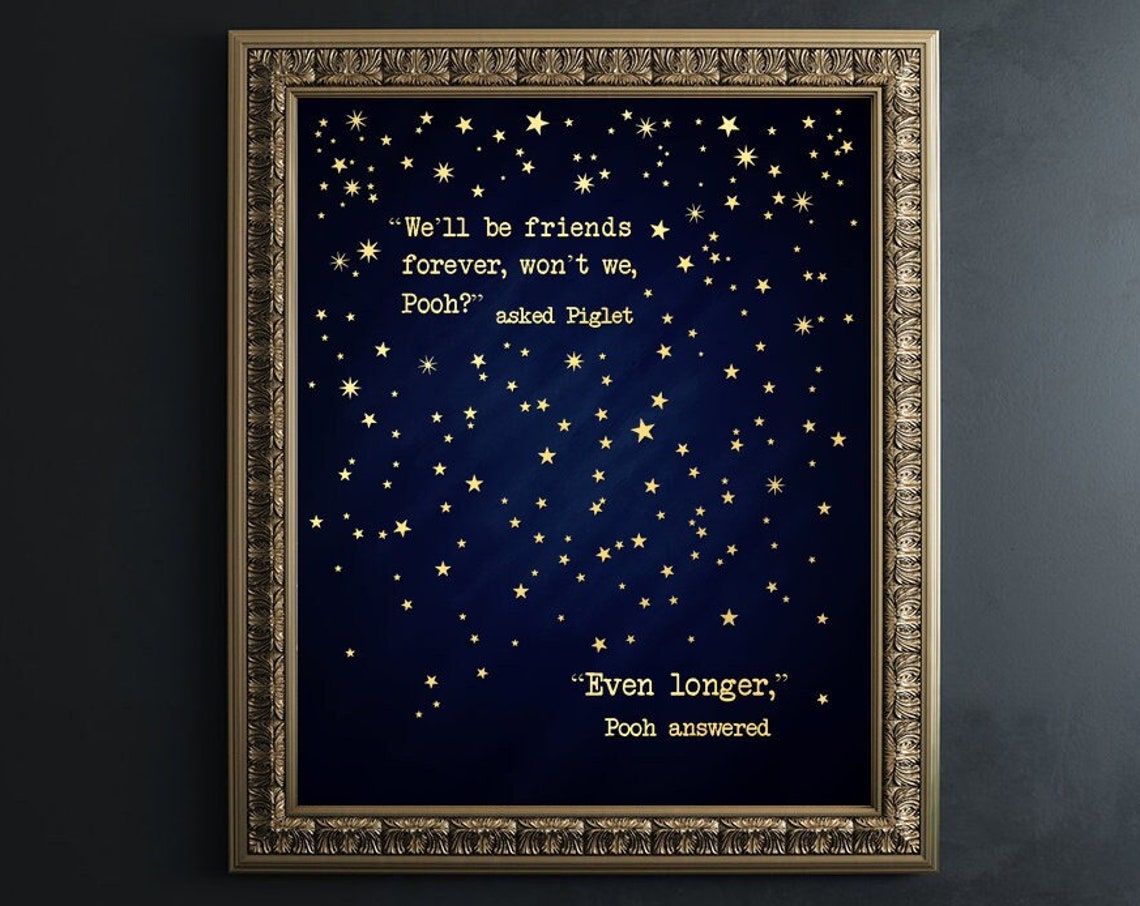 Winnie The Pooh Friends Forever Quote Gold Starry Night Art Print