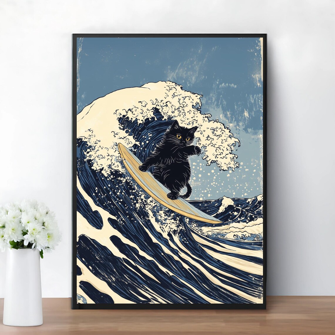 Hokusai Great Wave Surfing Black Cat Japanese Ukiyoe Art Poster