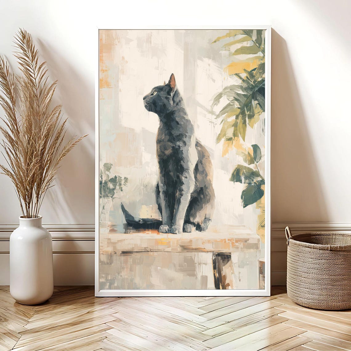 Minimalist Gray Cat at Sunlit Window Quiet Scandi Art Poster