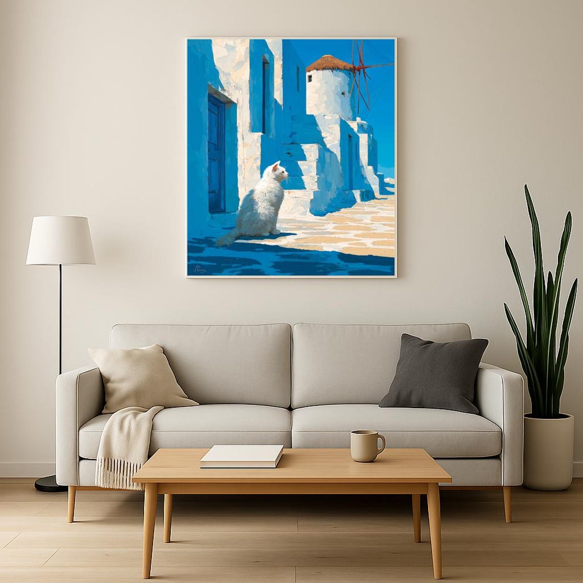 White Cat in Greek Island Alley With Windmill Mediterranean Poster - Image 3