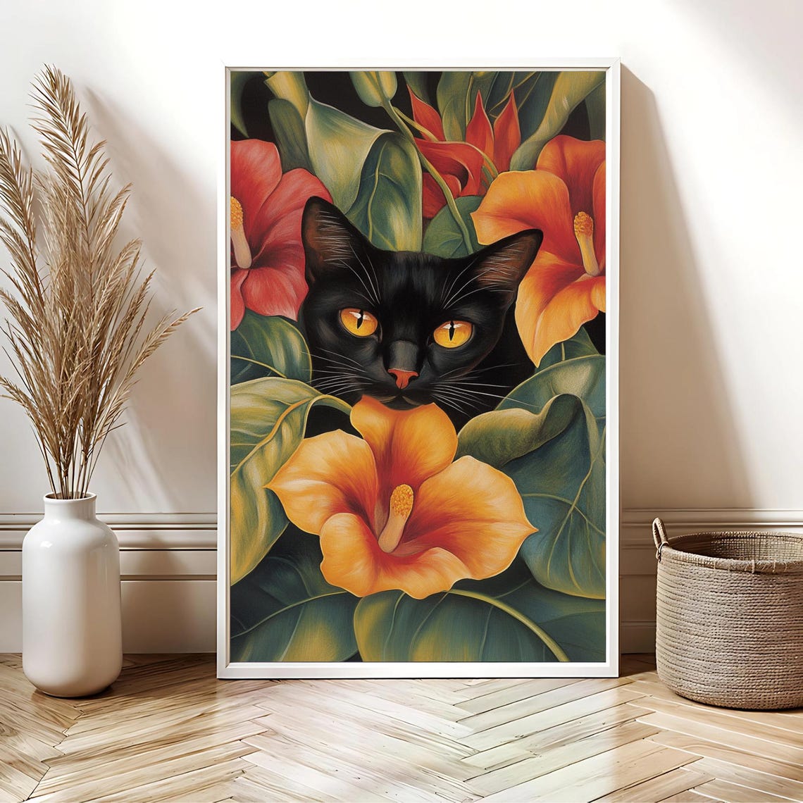 Okeeffe Style Black Cat Tropical Hibiscus Flowers Bold Art Poster - Image 4