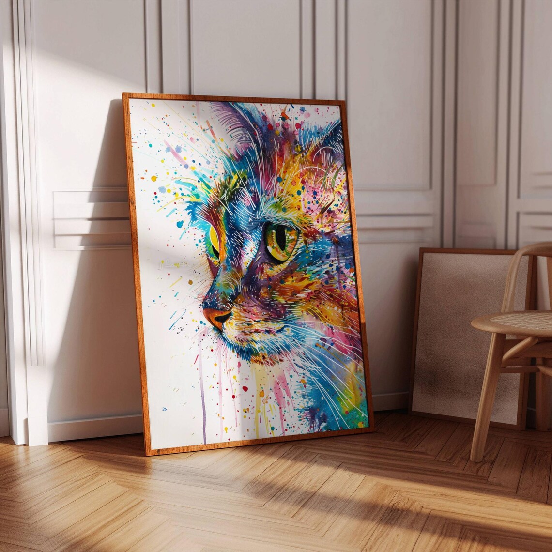 Colorful Watercolor Cat Portrait Splatter Paint Vibrant Wall Poster - Image 3