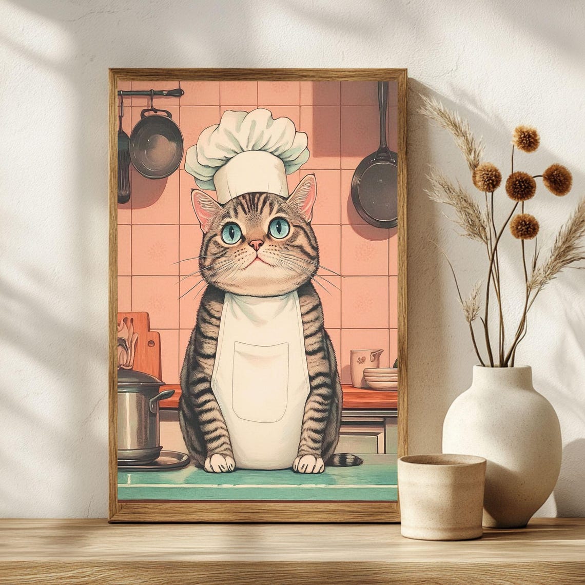 Tabby Cat Chef Wearing Tall Hat and Apron Kitchen Decor Poster - Image 2