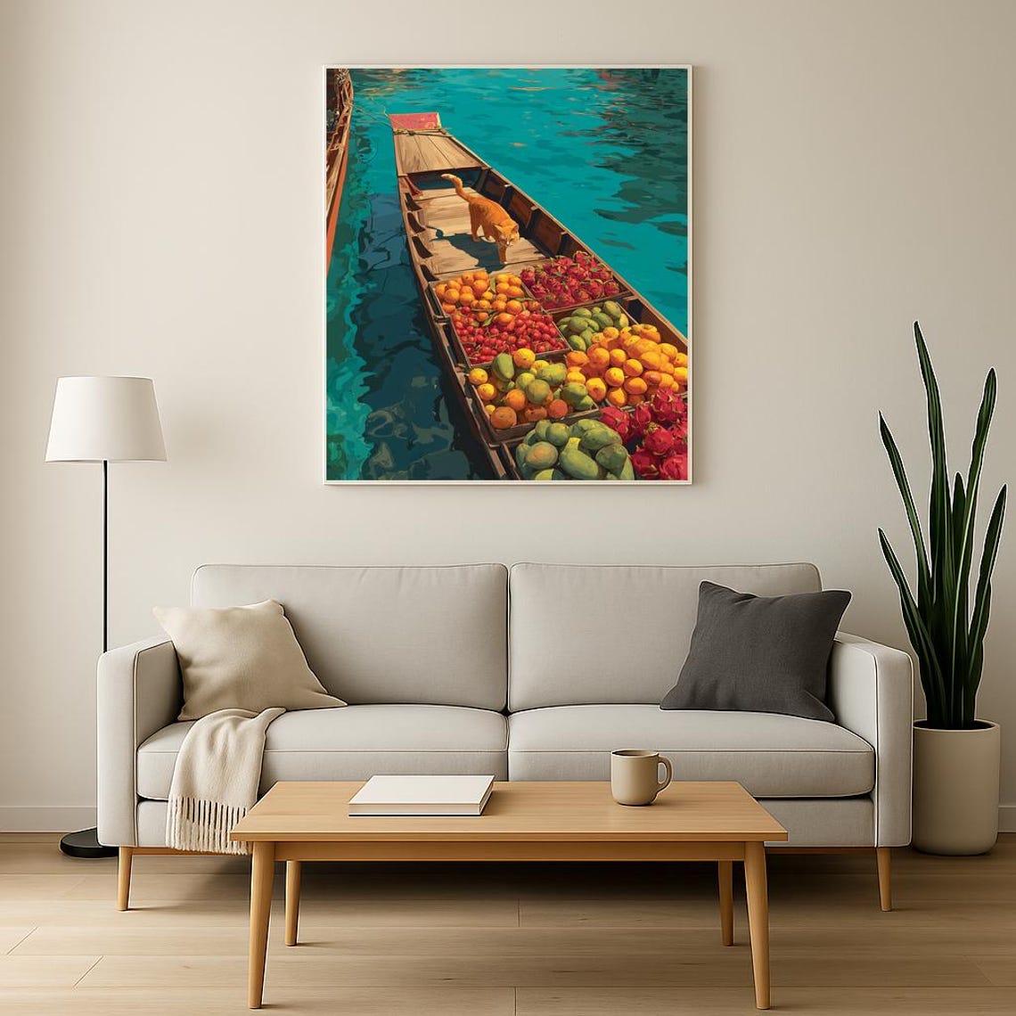 Bangkok Floating Market Orange Cat Fruit Boat River Art Poster - Image 2